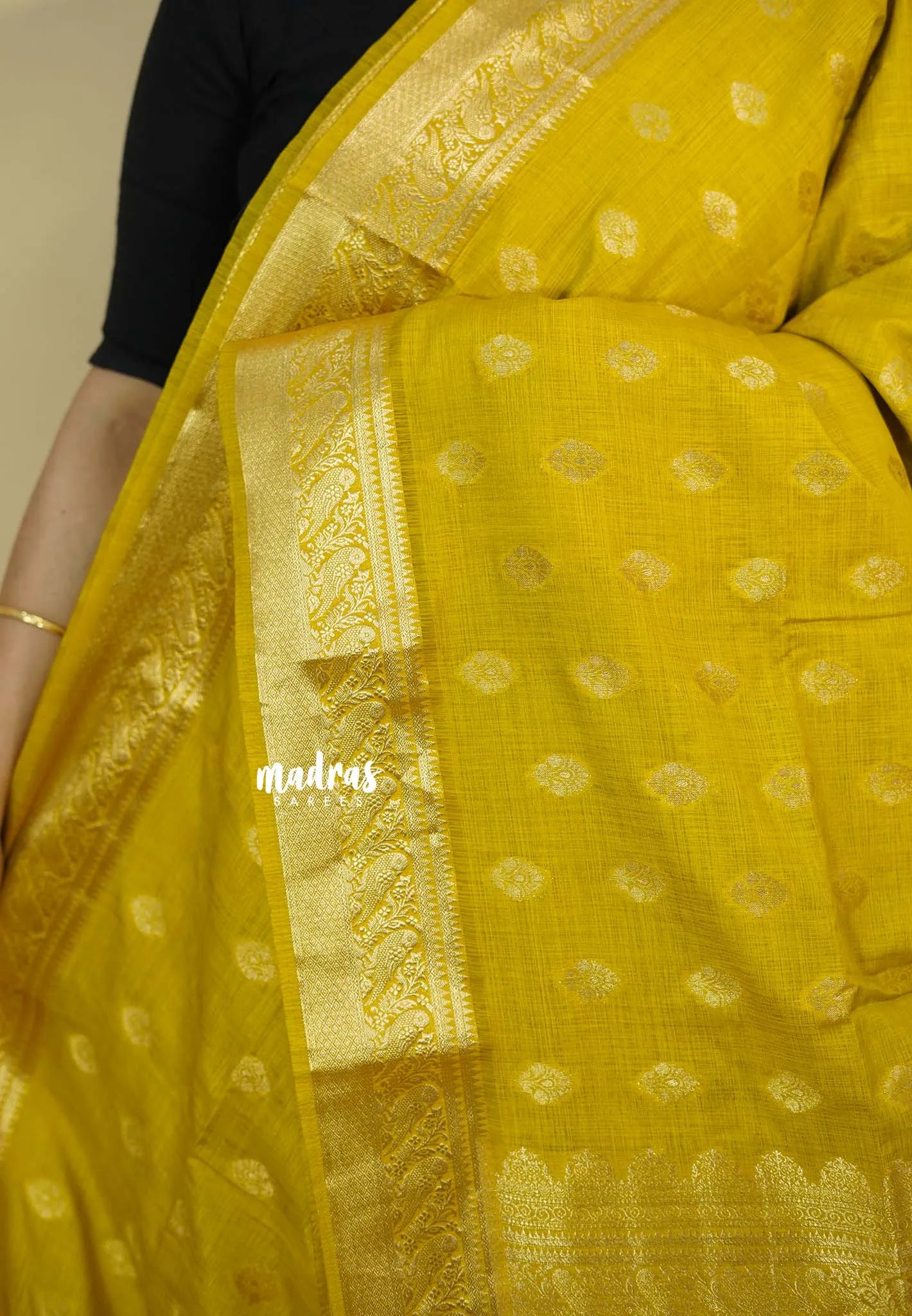 Greenish Yellow - Vadhanam - Premium Jute Tussar silk with buttas and gold zari border