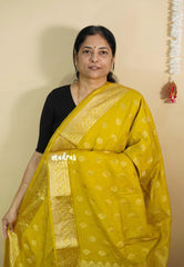 Greenish Yellow - Vadhanam - Premium Jute Tussar silk with buttas and gold zari border