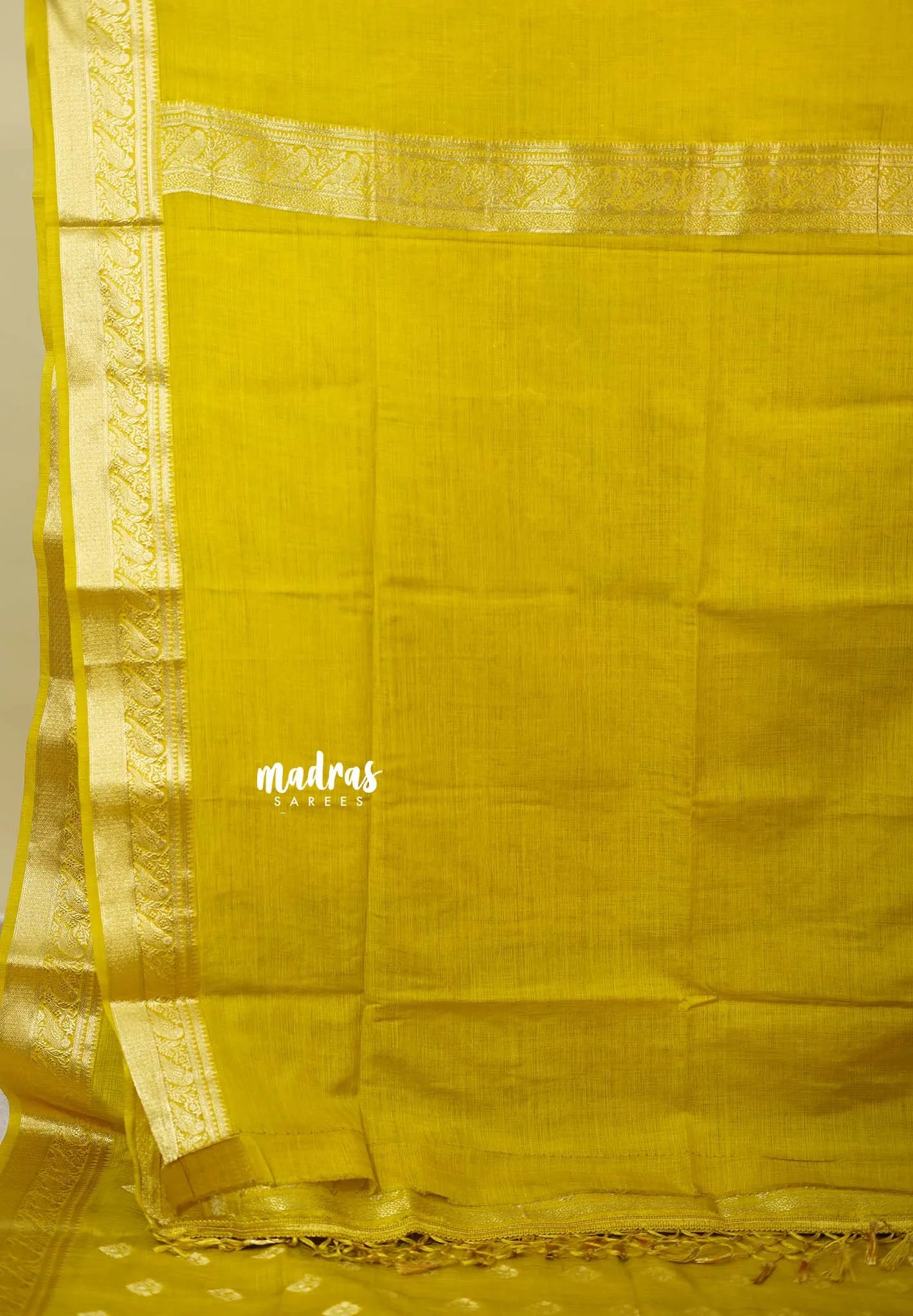 Greenish Yellow - Vadhanam - Premium Jute Tussar silk with buttas and gold zari border