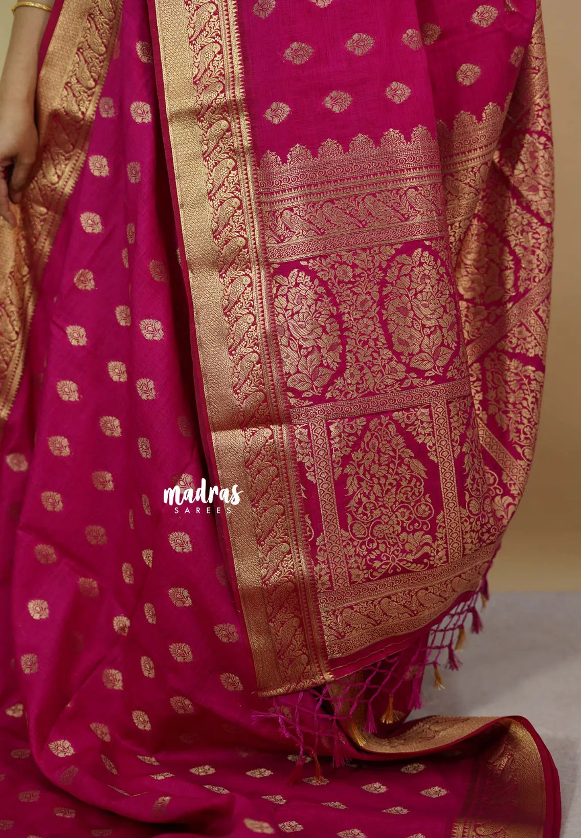 Fuchsia Pink - Vadhanam - Premium Jute Tussar silk with buttas and gold zari border