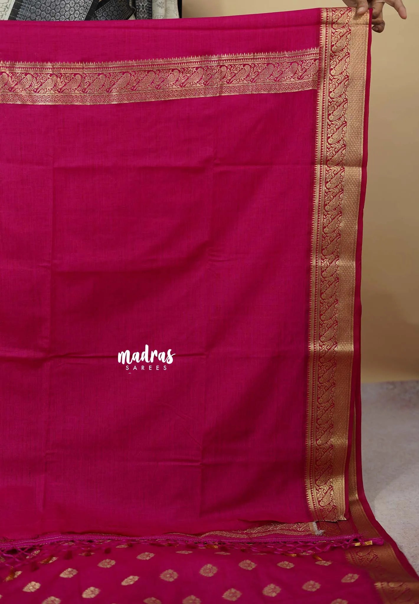 Fuchsia Pink - Vadhanam - Premium Jute Tussar silk with buttas and gold zari border