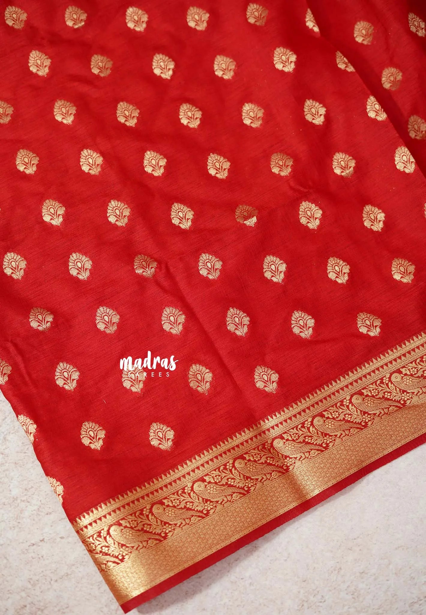 Classic Red - Vadhanam - Premium Jute Tussar silk with buttas and gold zari border