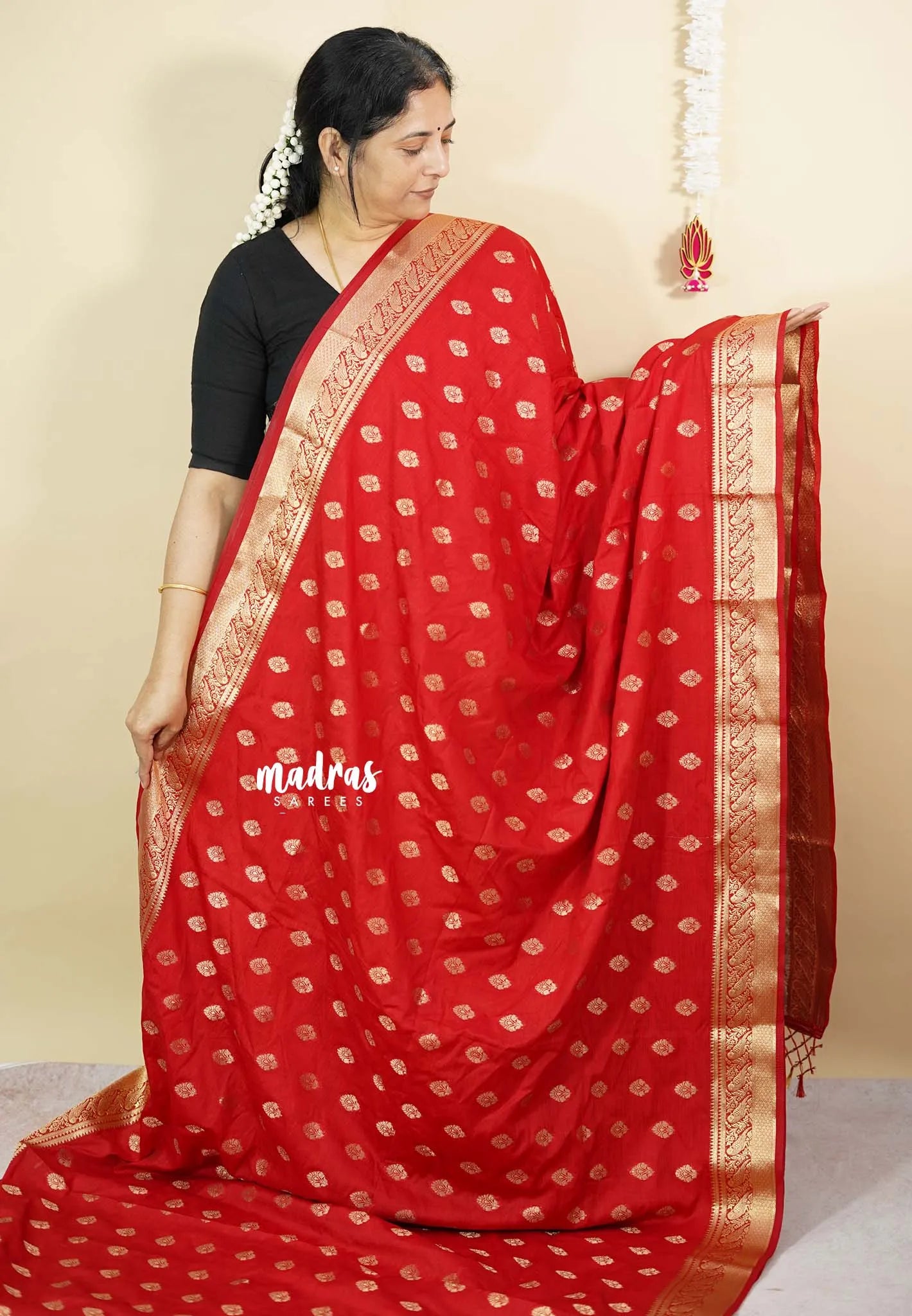 Classic Red - Vadhanam - Premium Jute Tussar silk with buttas and gold zari border