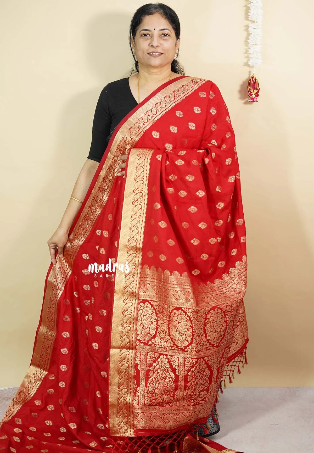 Classic Red - Vadhanam - Premium Jute Tussar silk with buttas and gold zari border