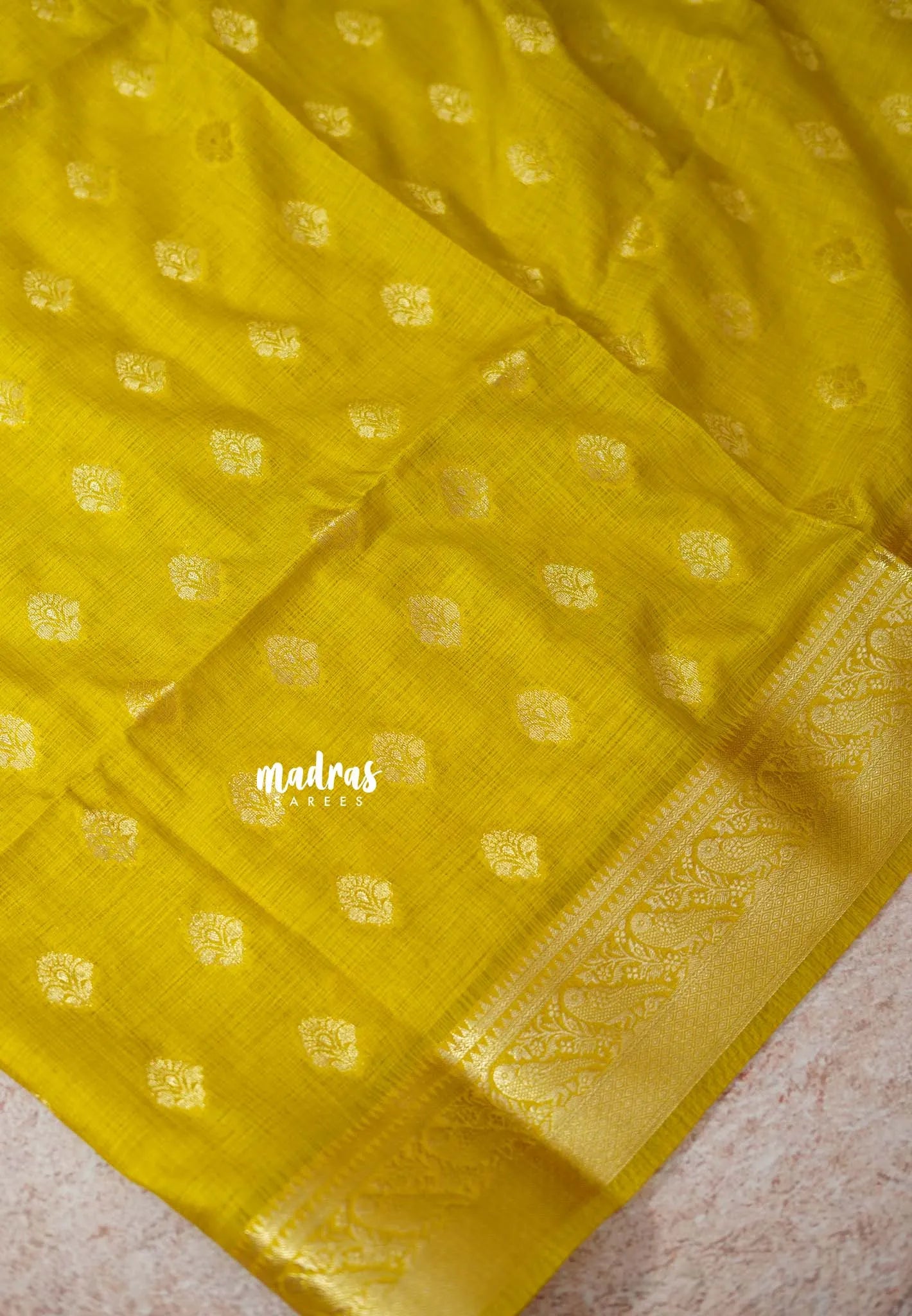 Greenish Yellow - Vadhanam - Premium Jute Tussar silk with buttas and gold zari border