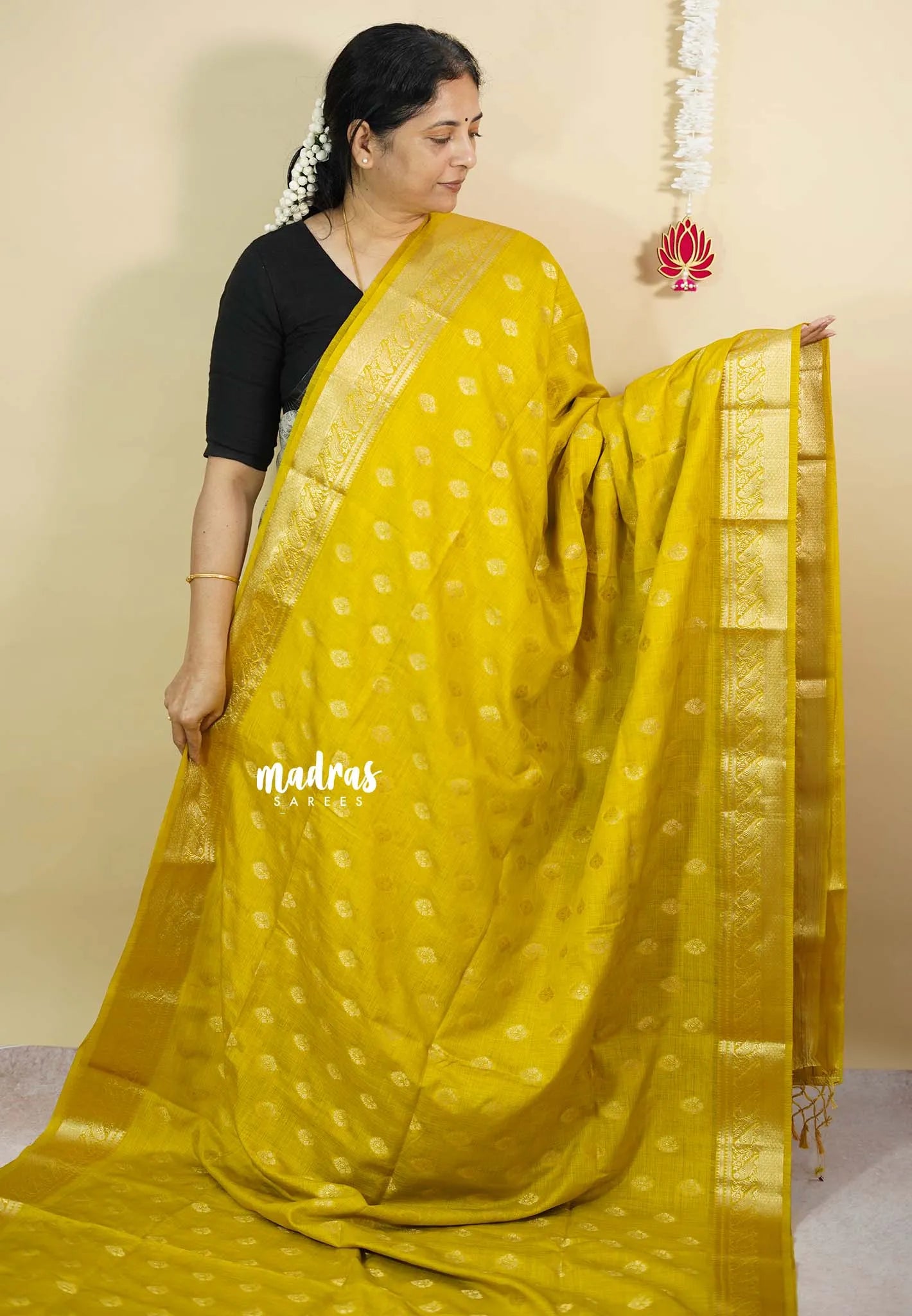 Greenish Yellow - Vadhanam - Premium Jute Tussar silk with buttas and gold zari border
