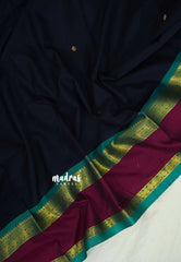 Midnight Blue(Closest Black) - Vaibhogam 120 count Pure mercerized silk cotton with buttas and rettapet border - Best for Wedding Functions