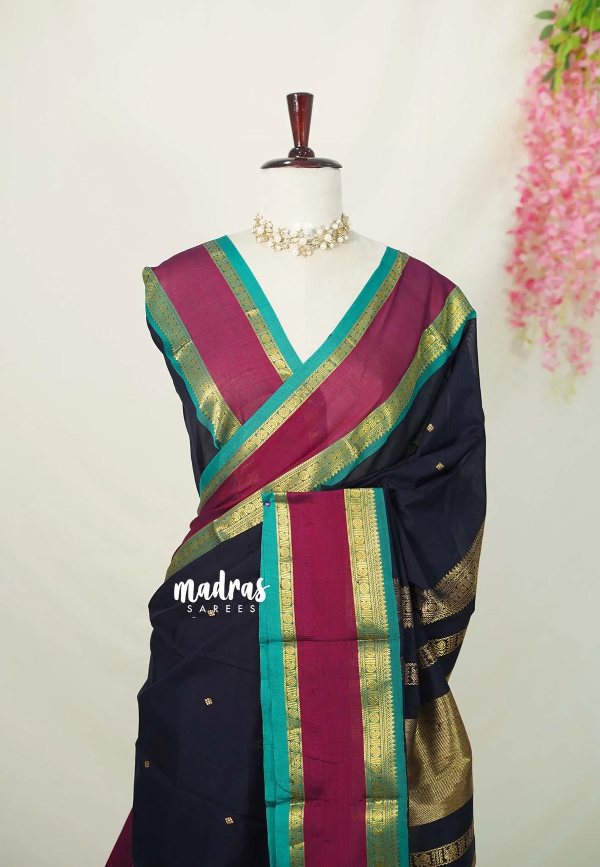 Midnight Blue(Closest Black) - Vaibhogam 120 count Pure mercerized silk cotton with buttas and rettapet border - Best for Wedding Functions