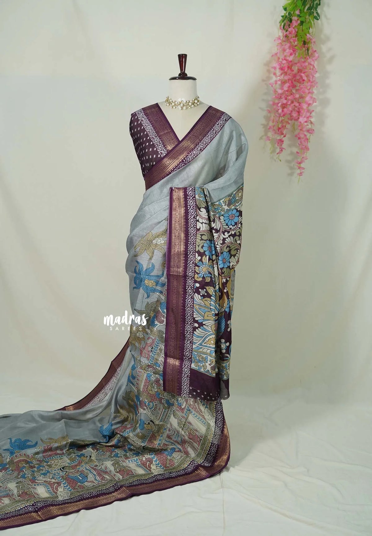 Misty Blue Grey - Premium Vasundra Kota Printed Silk kalamkari prints with Zari Border - Best for Small Functions | Casual Wear