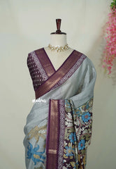 Misty Blue Grey - Premium Vasundra Kota Printed Silk kalamkari prints with Zari Border - Best for Small Functions | Casual Wear