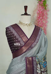 Misty Blue Grey - Premium Vasundra Kota Printed Silk kalamkari prints with Zari Border - Best for Small Functions | Casual Wear
