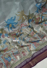 Misty Blue Grey - Premium Vasundra Kota Printed Silk kalamkari prints with Zari Border - Best for Small Functions | Casual Wear