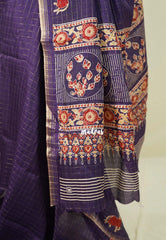 Jamun Purple - Light weight Vasundra Printed Silk Zari Checks with Pichwai Cow Printed Border - Best for Office Wear