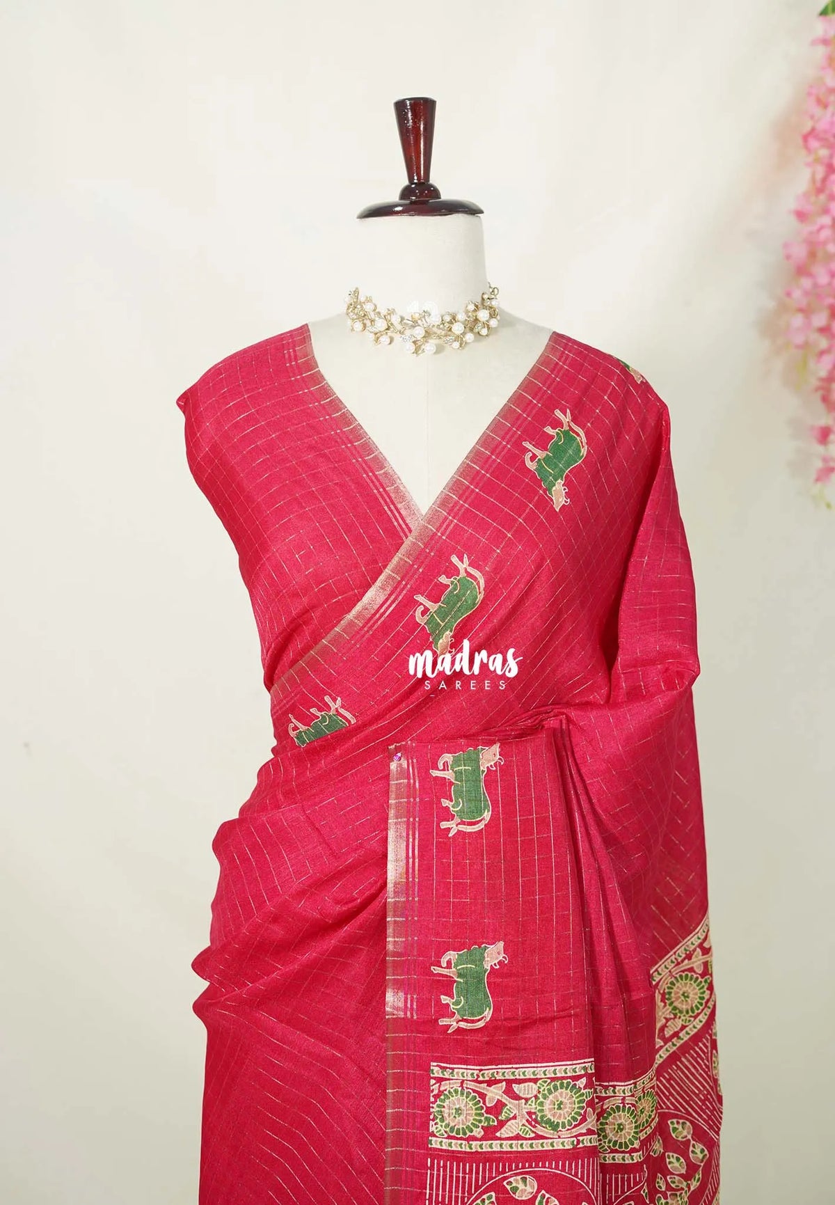 Crimson Pink - Light weight Vasundra Printed Silk Zari Checks with Pichwai Cow Printed Border - Best for Office Wear