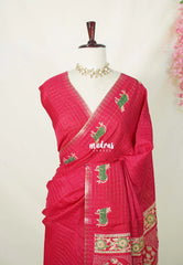 Crimson Pink - Light weight Vasundra Printed Silk Zari Checks with Pichwai Cow Printed Border - Best for Office Wear