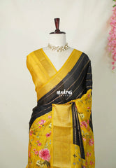 Ebony Black with Mustard Yellow - Light weight Vasundra Printed Silk with vintage muppagam design - Best for Office Wear