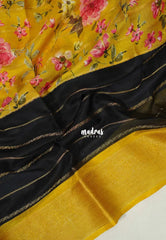 Ebony Black with Mustard Yellow - Light weight Vasundra Printed Silk with vintage muppagam design - Best for Office Wear