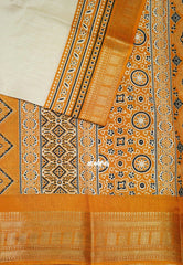 Sandal Beige with Mustard Yellow - Premium Vasundra Printed Silk Zari Border with Contrast Pallu and Blouse - Best for Casual Wear