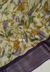 Muted Beige - Light weight Vasundra Printed Silk Zari Stripes with Border - Perfect for Small Functions | Casual Wear