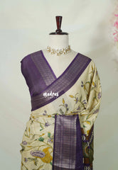 Muted Beige - Light weight Vasundra Printed Silk Zari Stripes with Border - Perfect for Small Functions | Casual Wear