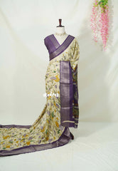 Muted Beige - Light weight Vasundra Printed Silk Zari Stripes with Border - Perfect for Small Functions | Casual Wear