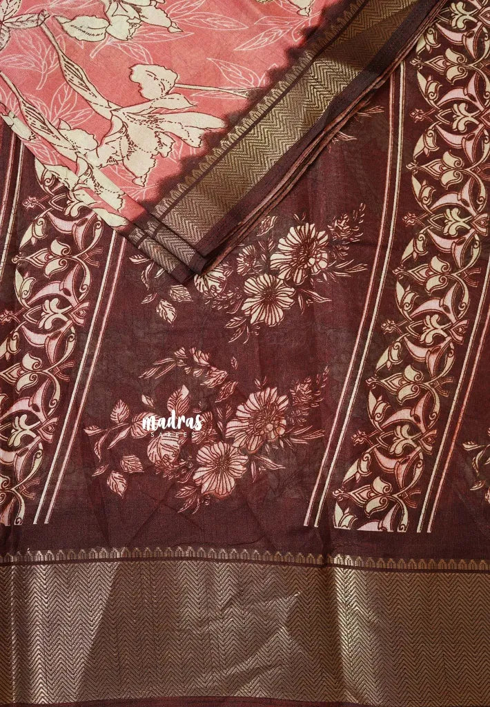 Peach Pink - Light weight Vasundra printed silk with floral prints
