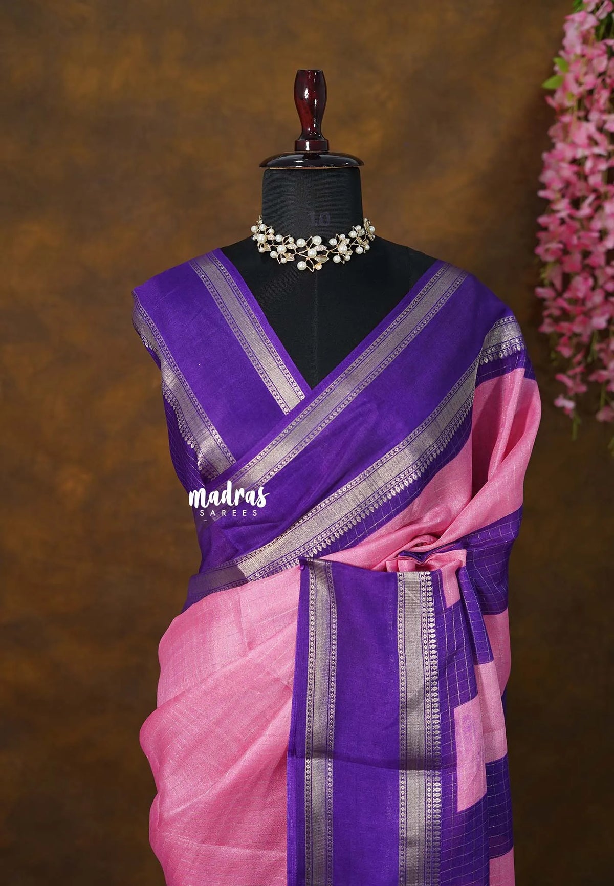 Pink Blossom - Premium vasundra printed silk checks body with rettapet border - Best for school college wear | work wear | casual wear |