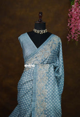 Steel Blue - Veena - Lightweight Semi tussar saree wtih floral cutwork border - Perfect for Office Wear