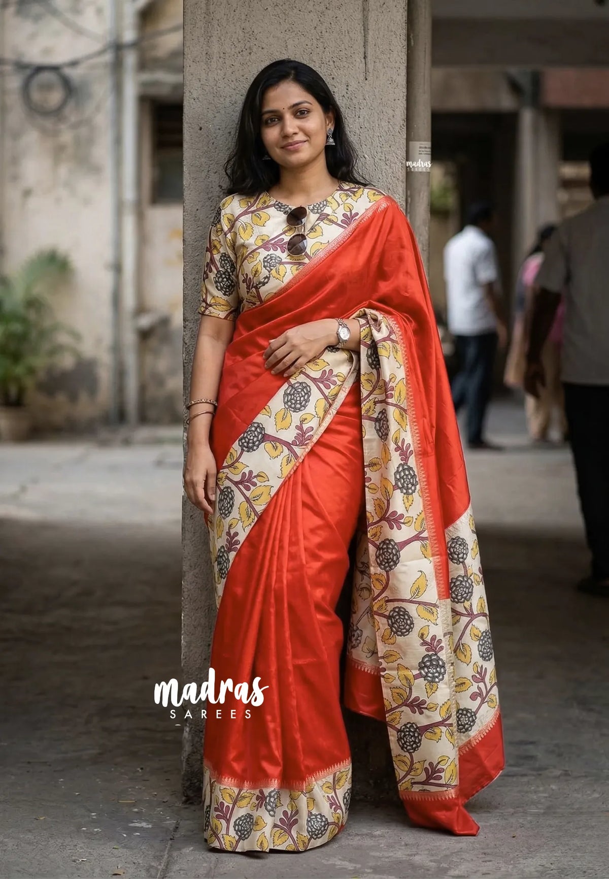 Vermilion Orange - Seetha - Soft Mangalore silk floral design with Border and tiny temple zari  - Best for small functions