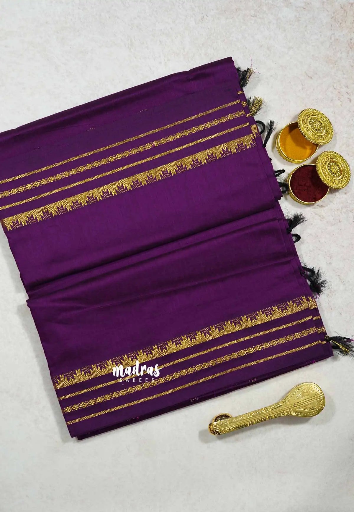 Magenta Purple - Vintage gadwal silk cotton plain body multi chain border