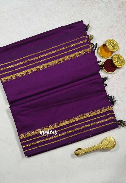 Magenta Purple - Vintage gadwal silk cotton plain body multi chain border