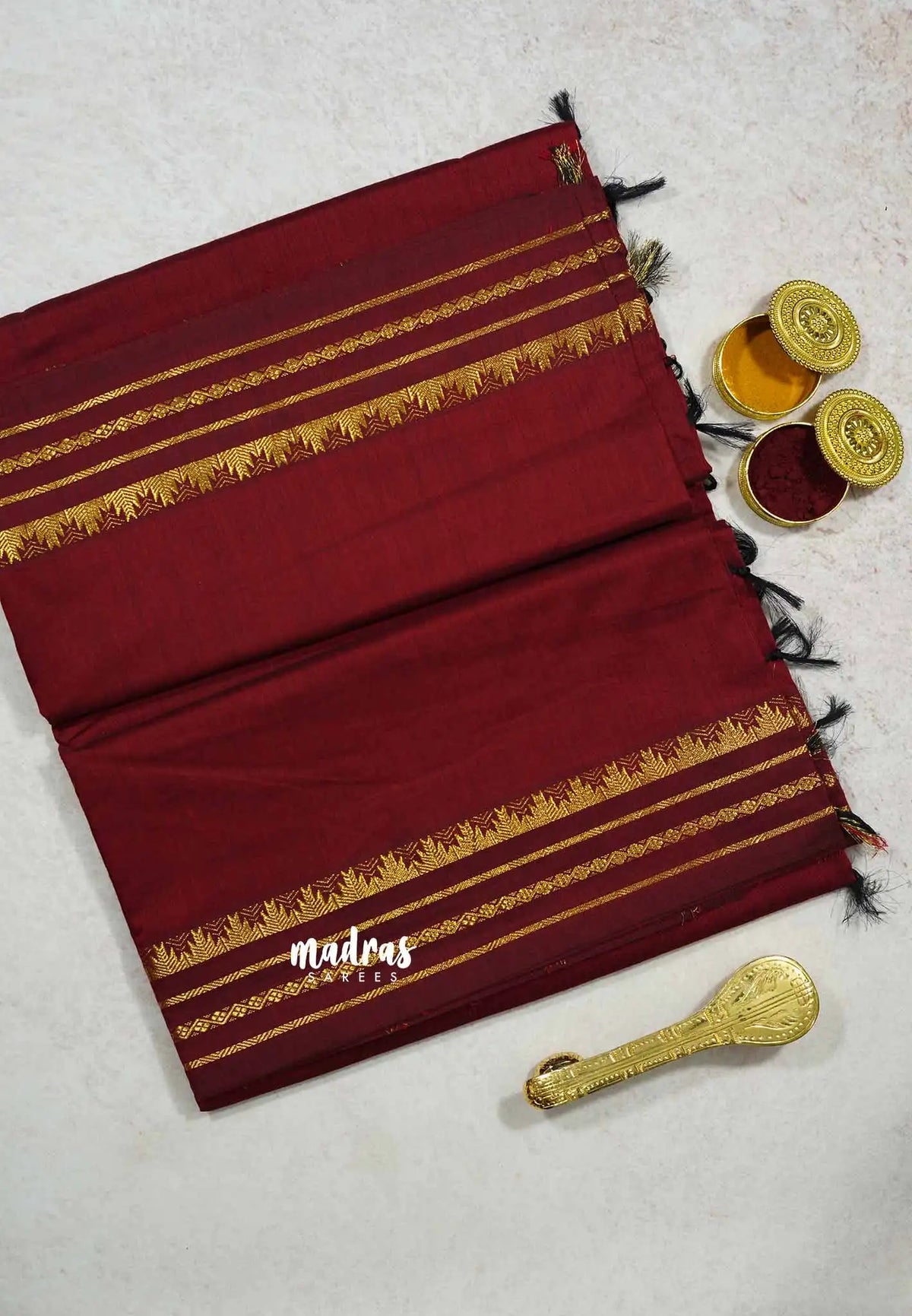 Maroon - Vintage gadwal silk cotton plain body multi chain border