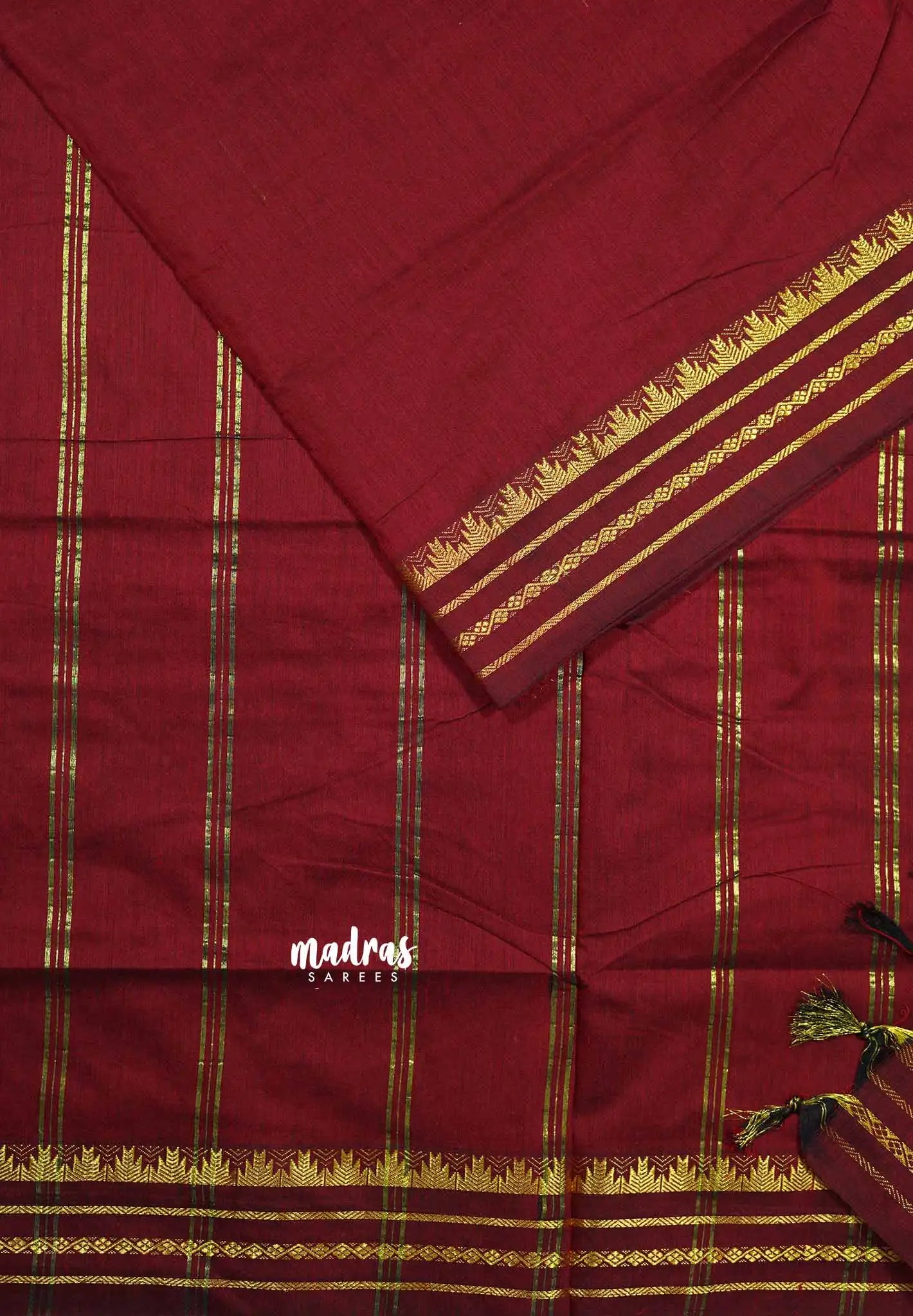 Maroon - Vintage gadwal silk cotton plain body multi chain border