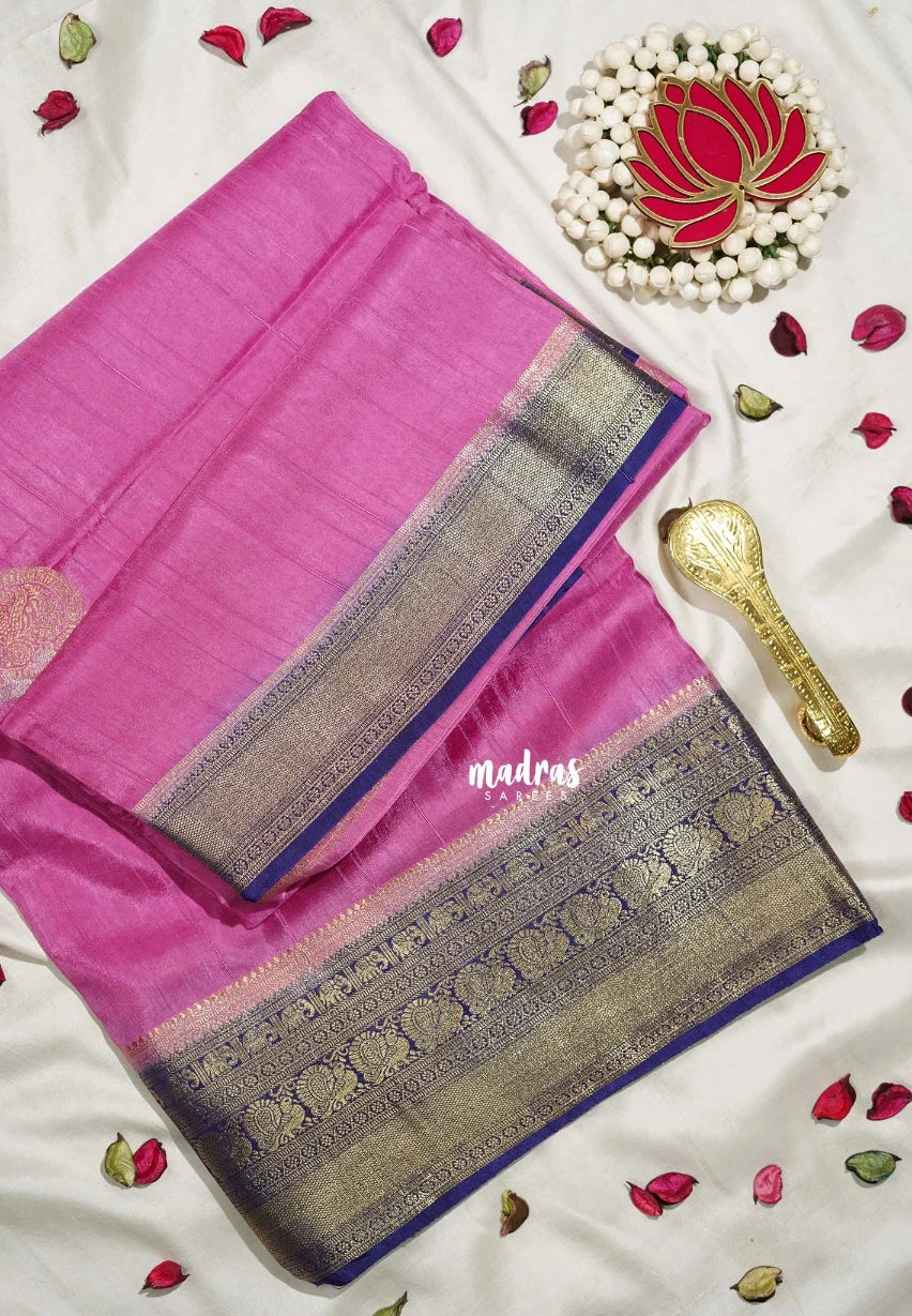 Rose Pink - Durga - Banarasi Premium Viscose Silk with Mayil, Yaanai Border and Buttas - Best for Pooja Functions | Diwali Festive