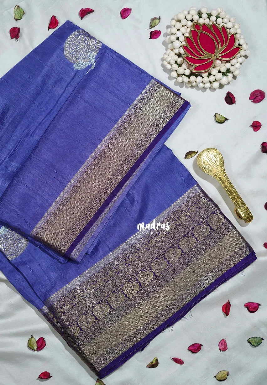 Lavender Blue - Durga - Banarasi Premium Viscose Silk with Mayil, Yaanai Border and Buttas - Best for Pooja Functions | Diwali Festive