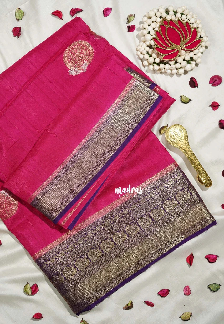 Queen's Pink - Durga - Banarasi Premium Viscose Silk with Mayil, Yaanai Border and Buttas - Best for Pooja Functions | Diwali Festive