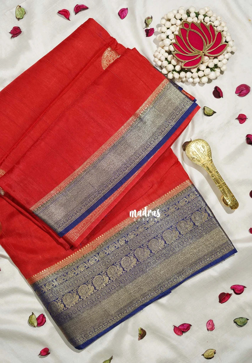 Vermilion Red - Durga - Banarasi Premium Viscose Silk with Mayil, Yaanai Border and Buttas - Best for Pooja Functions | Diwali Festive