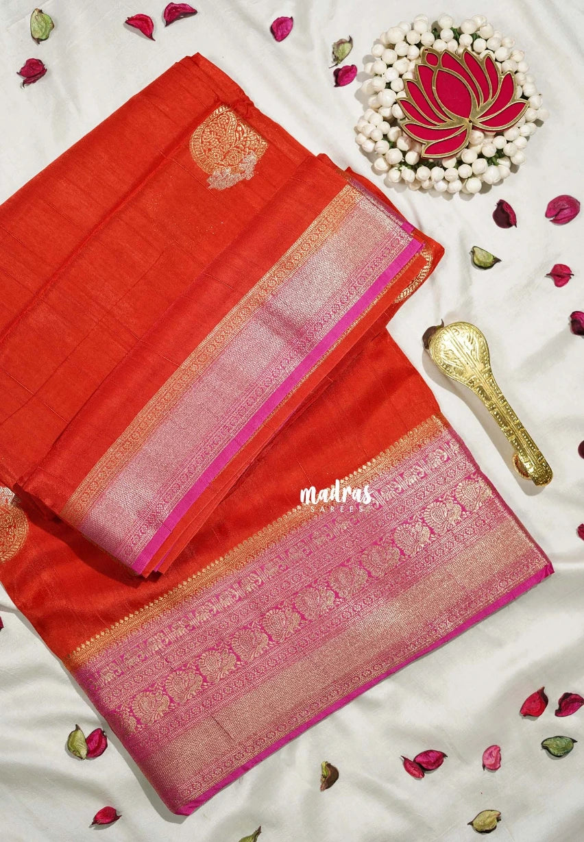 Sunset Orange - Durga - Banarasi Premium Viscose Silk with Mayil, Yaanai Border and Buttas - Best for Pooja Functions | Diwali Festive