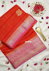 Sunset Orange - Durga - Banarasi Premium Viscose Silk with Mayil, Yaanai Border and Buttas - Best for Pooja Functions | Diwali Festive