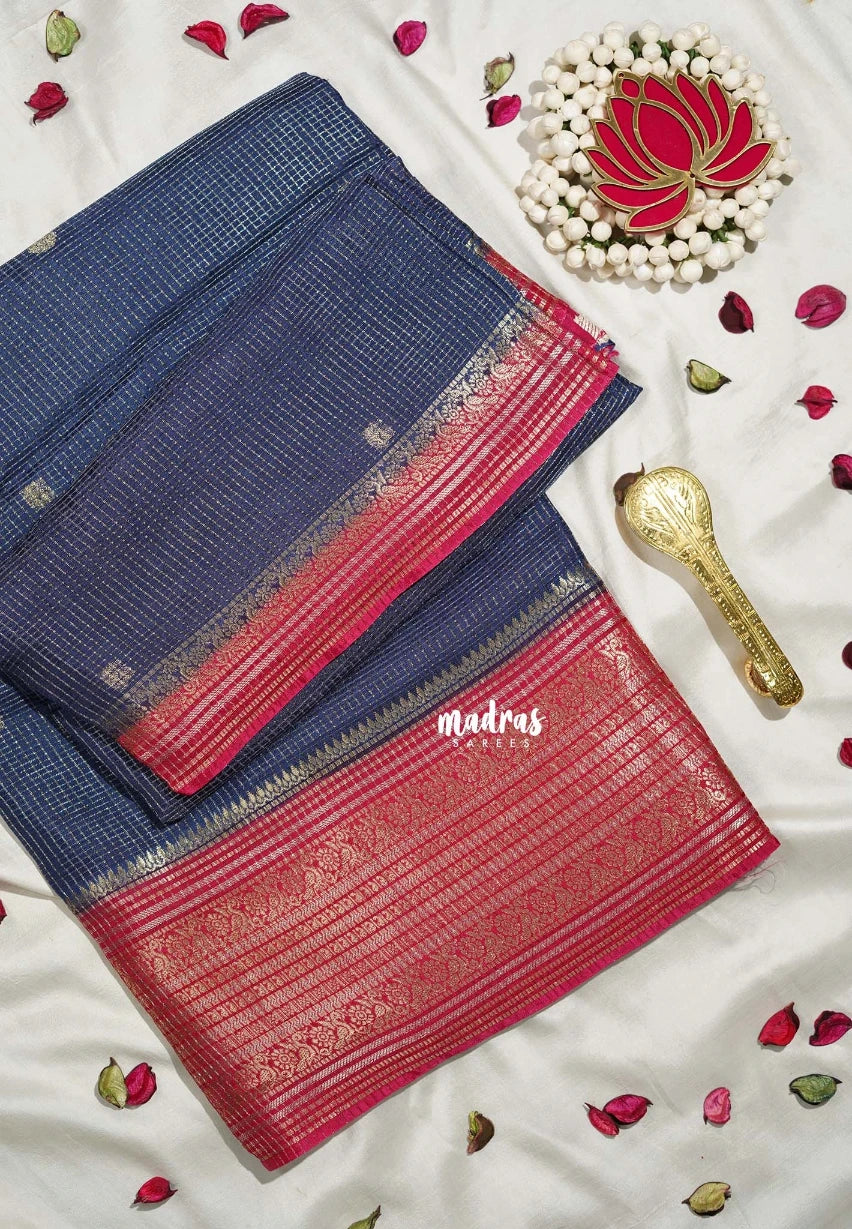 Navy Blue Pink - Durga - Banarasi Premium Viscose Silk with Micro Zari Checks and Rich Border - Best for Diwali Festive