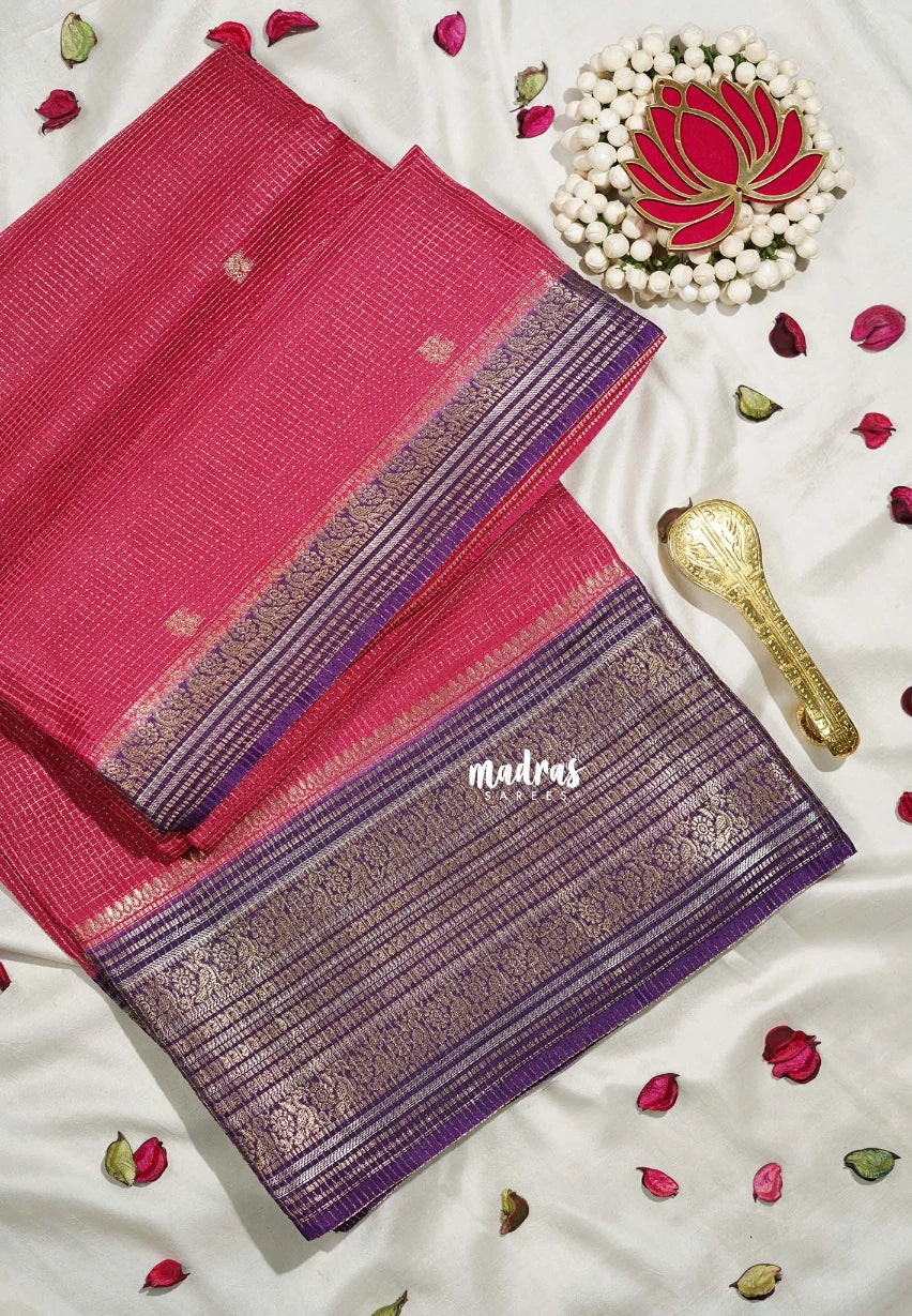 Queen's Pink - Durga - Banarasi Premium Viscose Silk with Micro Zari Checks and Rich Border - Best for Diwali Festive