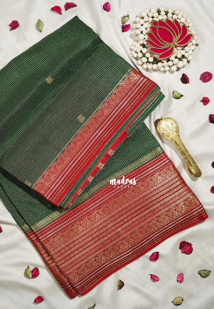 Forest Green - Durga - Banarasi Premium Viscose Silk with Micro Zari Checks and Rich Border - Best for Diwali Festive