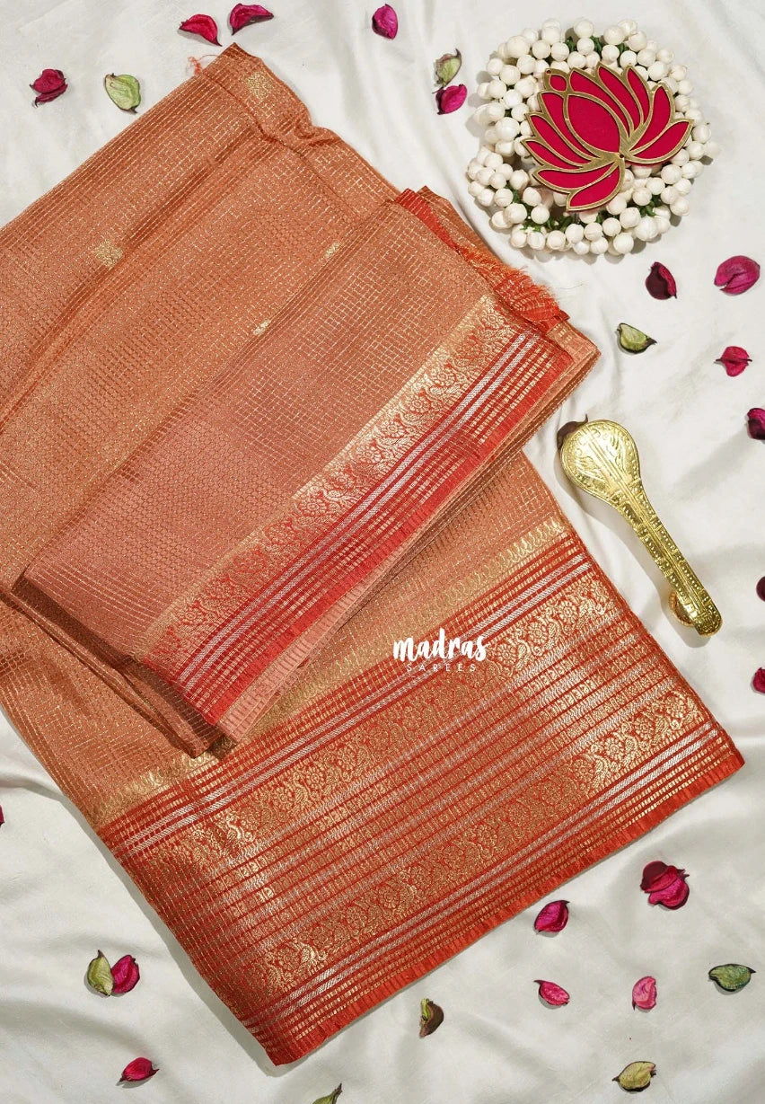 Rust Peach - Durga - Banarasi Premium Viscose Silk with Micro Zari Checks and Rich Border - Best for Diwali Festive