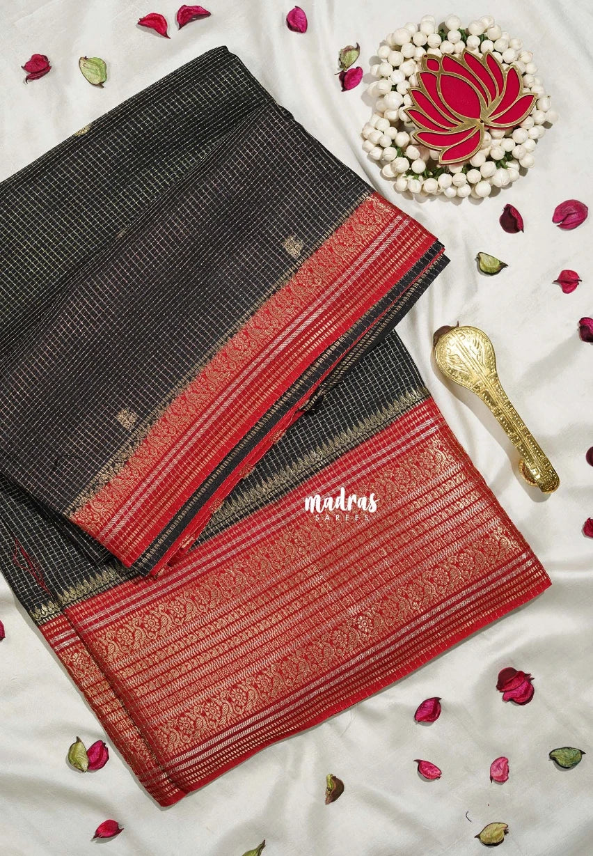 Jet Black - Durga - Banarasi Premium Viscose Silk with Micro Zari Checks and Rich Border - Best for Diwali Festive