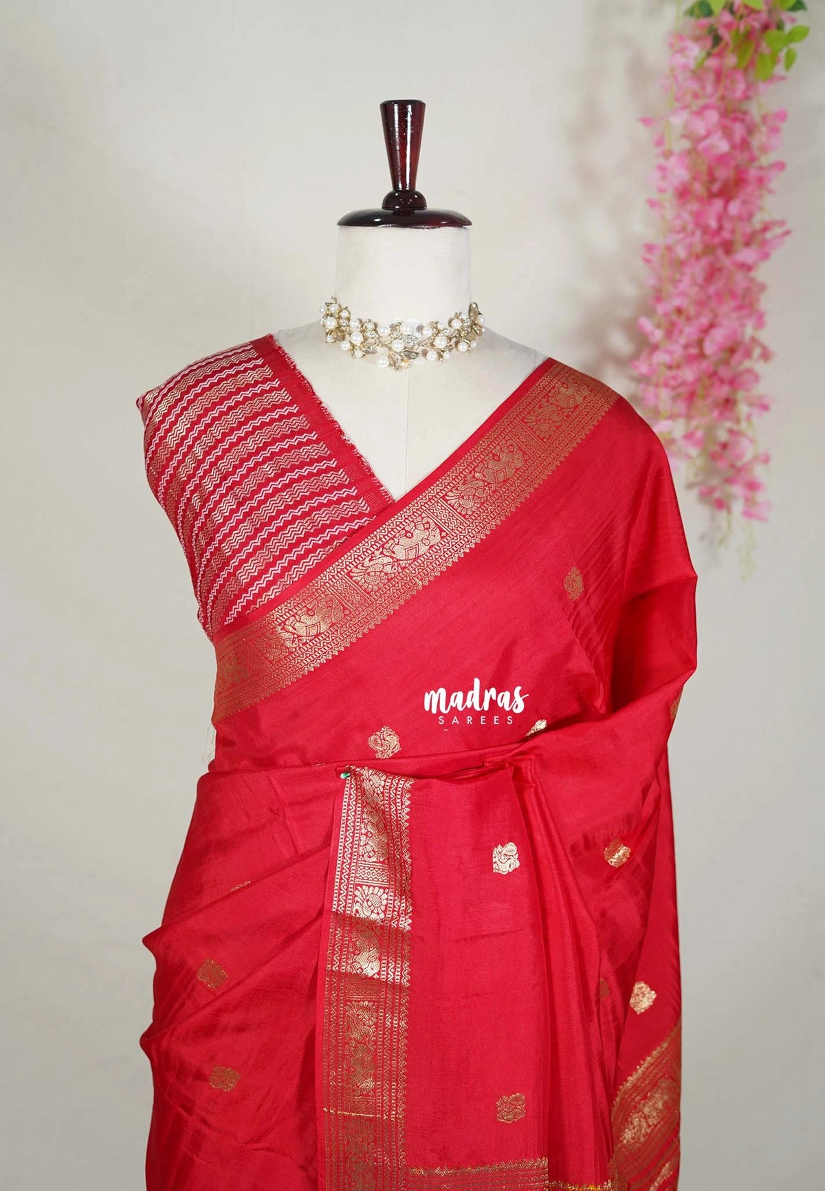Spicy Red - Durga - Banarasi Premium Viscose Silk with Yaanai, Mayil Border and Mayil Buttas - Best for Pooja Functions | Diwali Festive