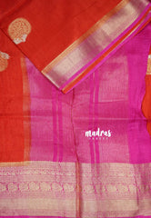 Sunset Orange - Durga - Banarasi Premium Viscose Silk with Mayil, Yaanai Border and Buttas - Best for Pooja Functions | Diwali Festive