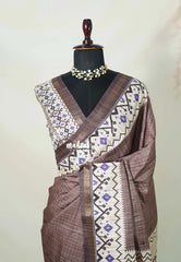 Muted Brown - Yamini Paper Silk Checks in Body with Printed Patola Border - Perfect Office Wear | Casual Wear