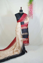 Powder Beige - Yamini Paper Silk with Ganga Jamuna Prints Border  - Perfect Office Wear | Casual Wear