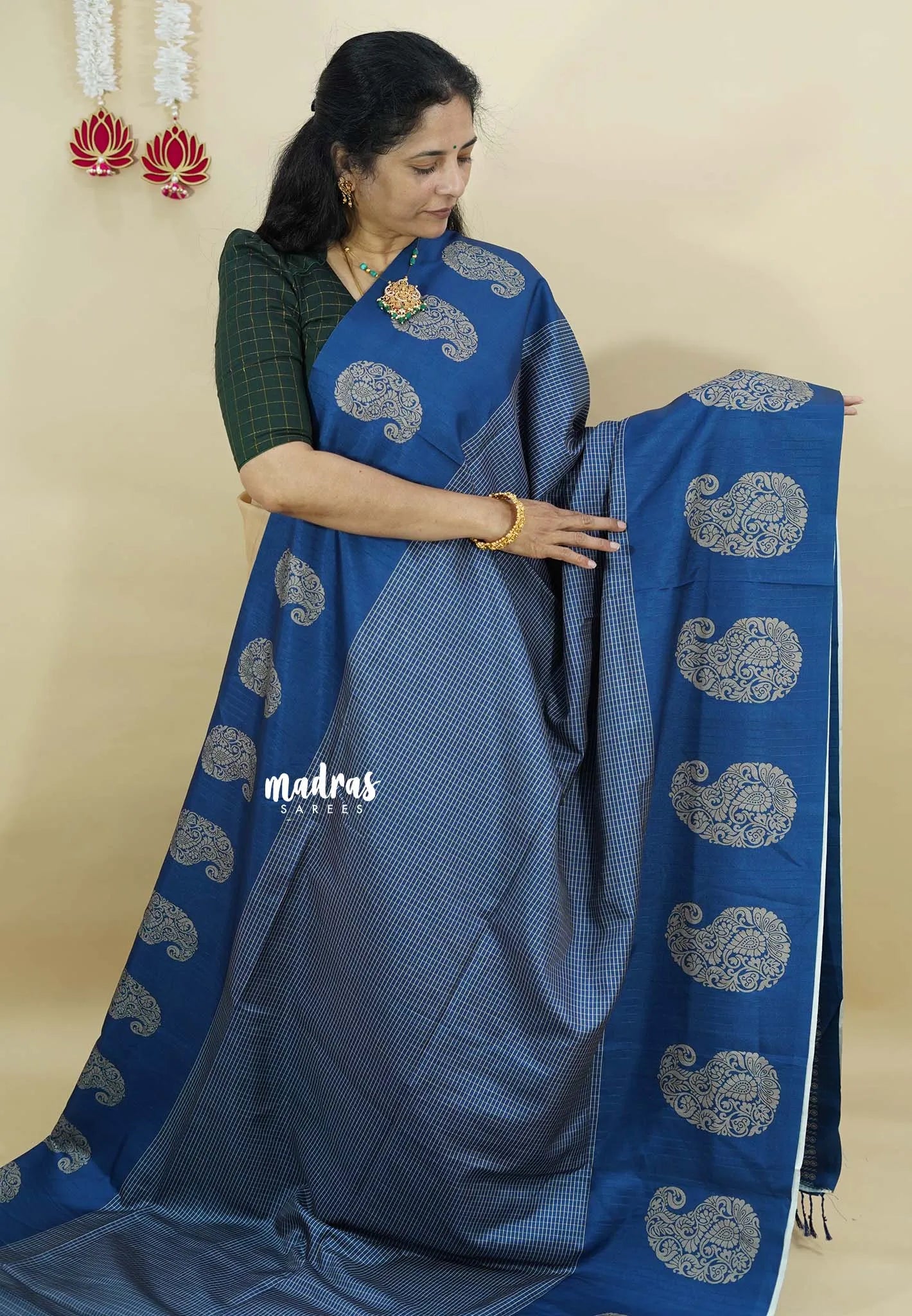 Peacock  Blue - Yamini paper silk mango border and sirukattam body