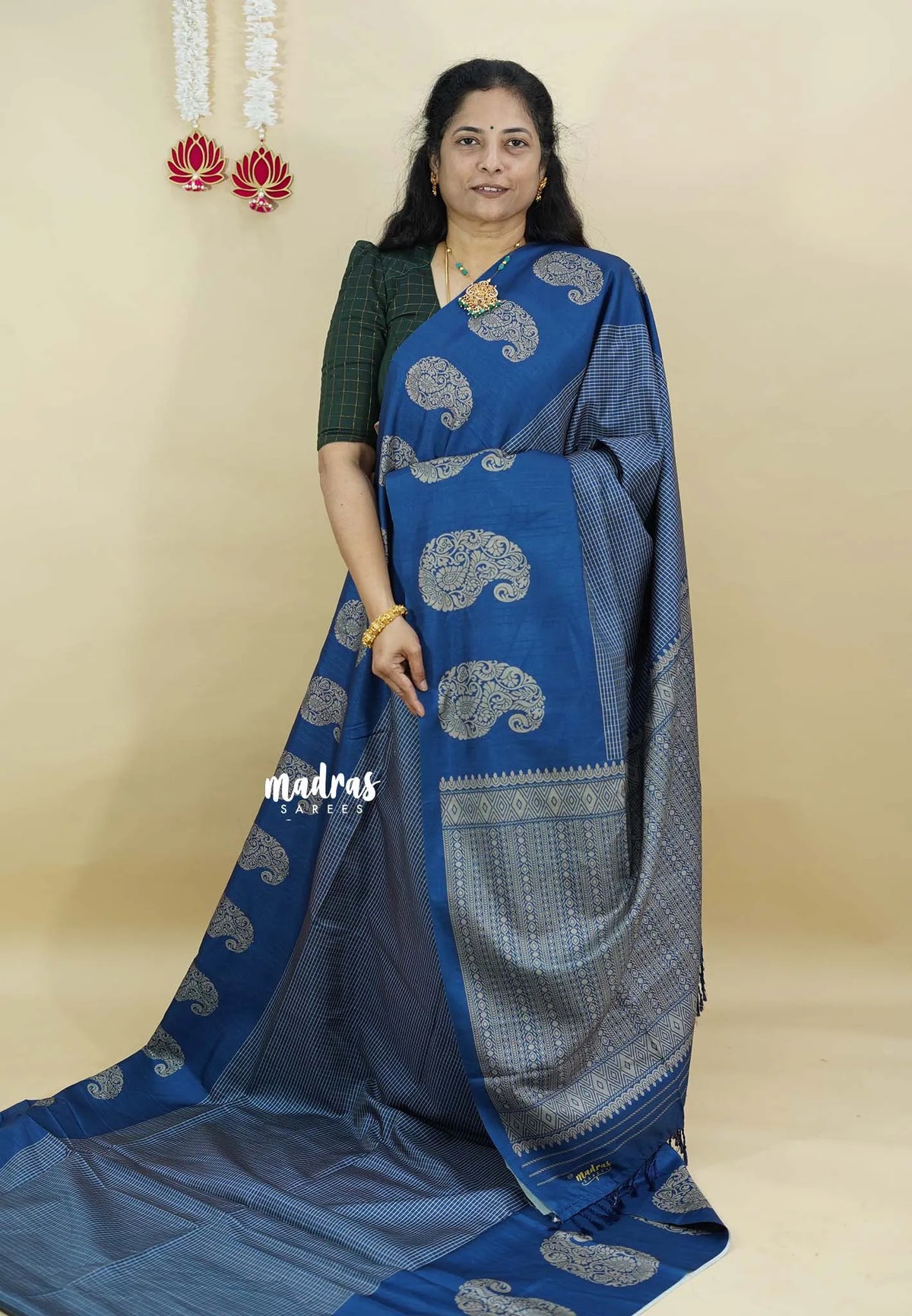 Peacock  Blue - Yamini paper silk mango border and sirukattam body
